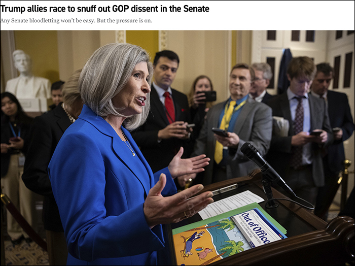 Joni Ernst speaking at a lectern, with
the headline 'Trump allies race to snuff out opposition in the Senate.' On the lectern in front of her is a book or pamphlet
with the title 'Out of Office.'