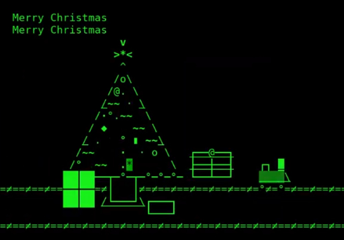 A black and green screen, with an ASCII Christmas message