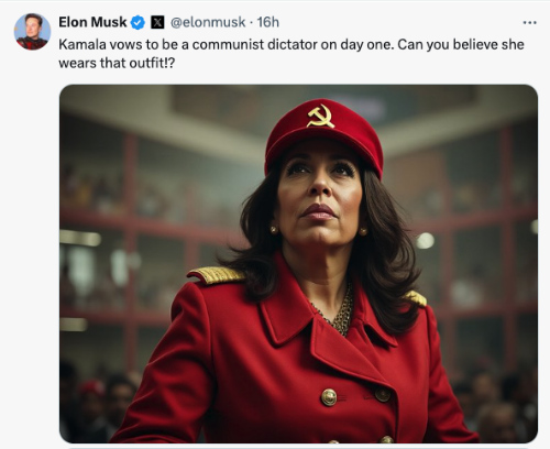 It says: 'Kamala vows to be a communist
dictator on day one. Can you believe she wears that outfit!?' and shows her in a red suit with a red cap adorned with the hammer and
sickle