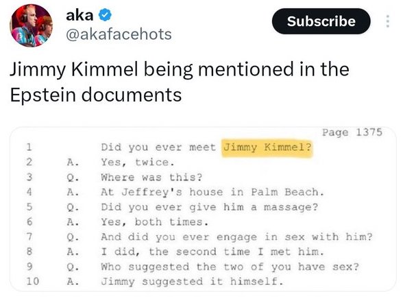 Alleged testimony where Kimmel
'admits' to knowing Epstein