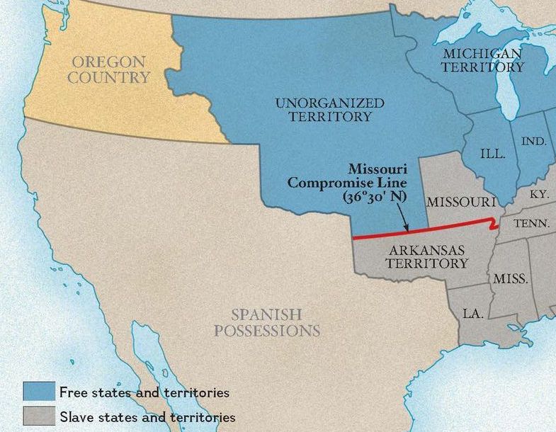 The line effectively divides the Arkansas
territory from 'unorganized territory' that became Kansas, Nebraska, the Dakotas and Montana.