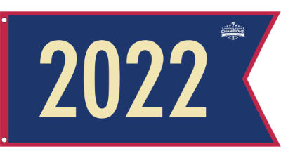 A pennant with a blue background,
red trim, and '2022' in ivory-colored numbers