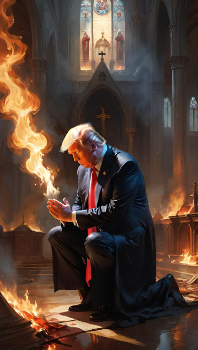 A three-legged Trump prays while the cathedral burns around him
