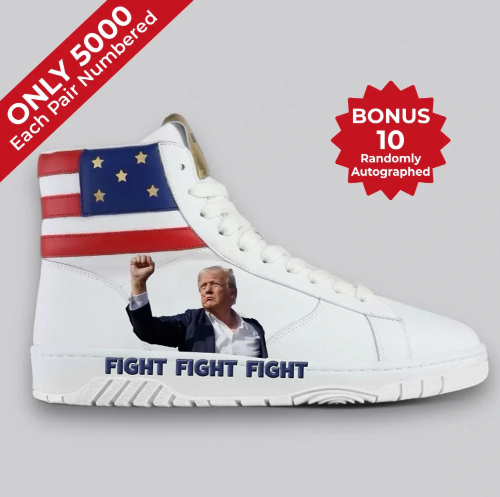 White high tops, American 
flag design on the 'high' part, picture of Trump with fist raised, and 'fight, fight, fight' written on the sole.