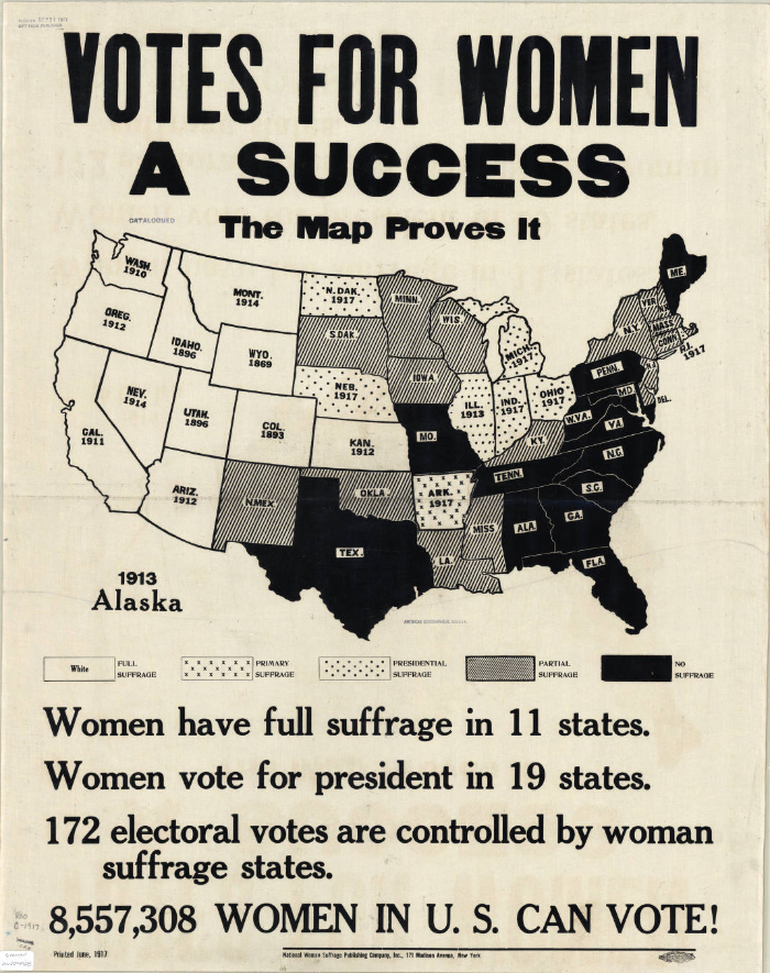 Western states granted full suffrage, midwestern
and many New England states had partial suffrage, Southern and mid-Atlantic states had no suffrage