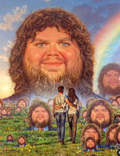 A couple strolls through 
a grass field, where curly-haired Vances are growing like pumpkins. There are also several giant Vance heads in
the sky, along with a rainbow.
