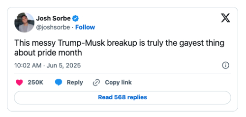 A tweet says: 'This messy
Trump-Musk breakup is truly the gayest thing about pride month'