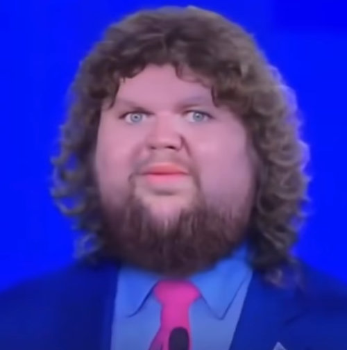 Blue background,
very chubby-faced Vance with long, curly hair
