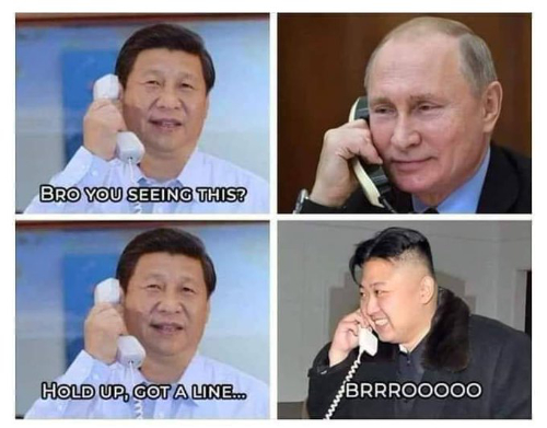 A sequence of pictures 
imply that Xi Jinping, Vladimir Putin and Kim Jong-Un are having a phone conversation in which they celebrate the
feud