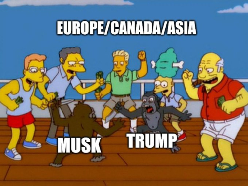 It's a frame from 'The 
Simpsons,' in which a bunch of characters watch two monkeys fight each other. The fight-watchers are labeled
'Europe/Canada/Asia' and the monkeys are labeled 'Trump' and 'Musk.'