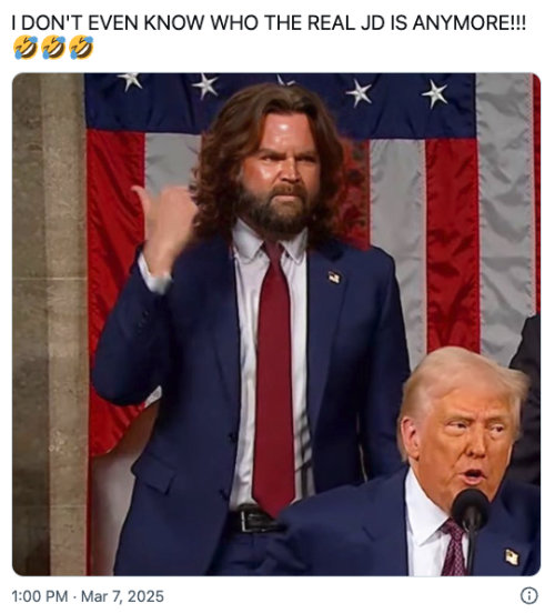 A muscular
Vance, with long and flowing hair, looking somewhat like the romance-novel-cover model Fabio, stands
up behind Donald Trump during the SOTU