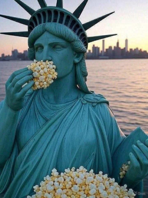 A picture of the
Statue of Liberty, and she is eating popcorn