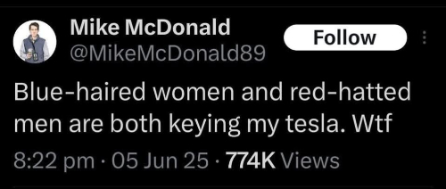 A tweet says: 'Blue-haired women
and red-hatted men are both keying my tesla. Wtf'