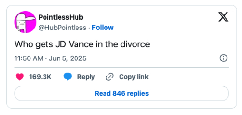 A tweet asks
'Who gets JD Vance in the divorce?'