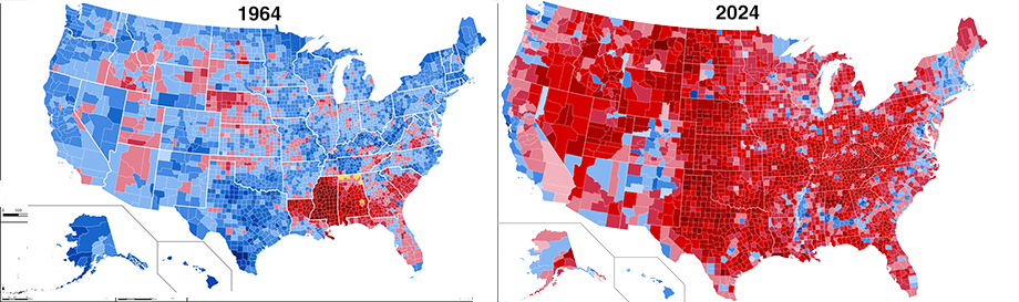 County-level maps of the 1964 and 2024 presidential elections
