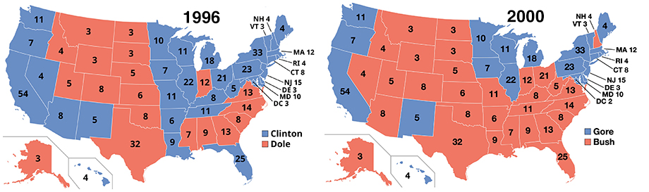 1996 and 2000 electoral vote maps