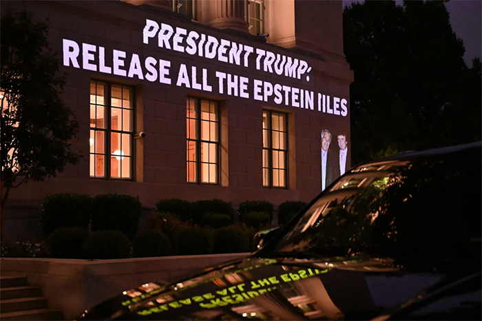 Image projected onto the Chamber of Commerce building across from the White House
saying PRESIDENT TRUMP: RELEASE ALL THE EPSTEIN FILES