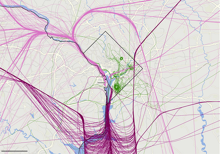 Flight pattern at DCA at the time of the crash; there are so many they cannot be parsed, visually
