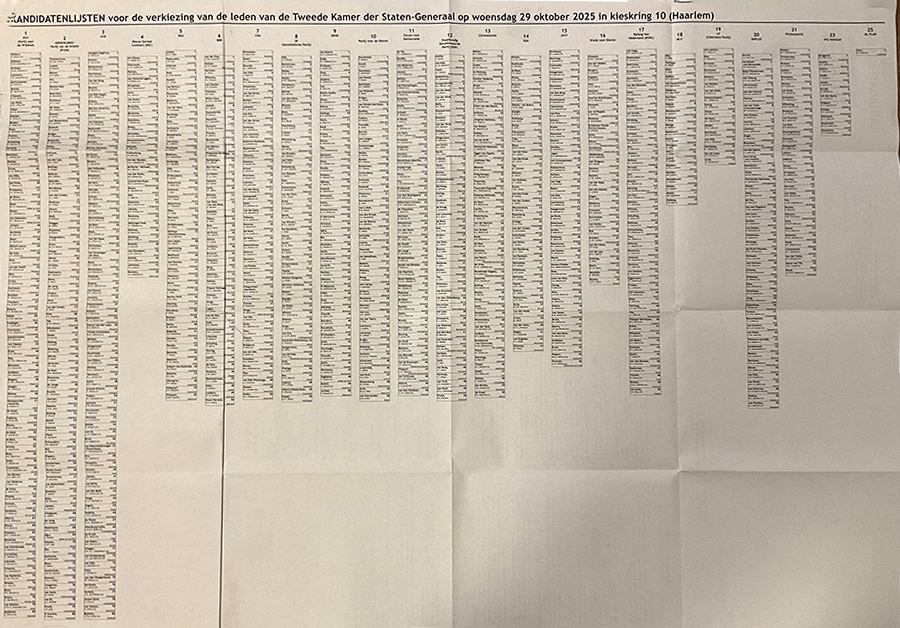 Dutch election ballot Oct. 2025; it
has 23 lists of candidates, many of them dozens of names long, in small type.