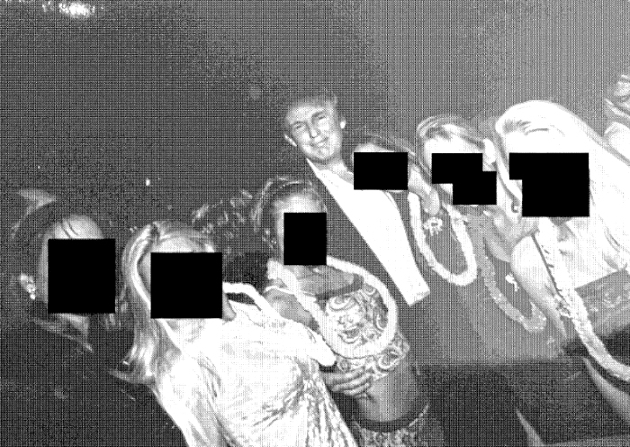 Donald Trump with some of Jeffrey Epstein's victims