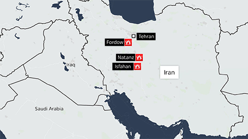 Map showing where the U.S. bombed Iran