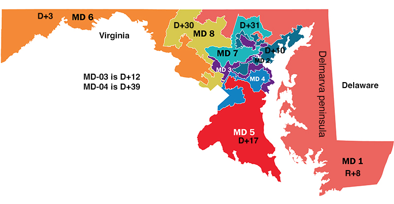 Maryland's congressional map; the district looks like someone splilled water on the map,
and then drew lines around the water