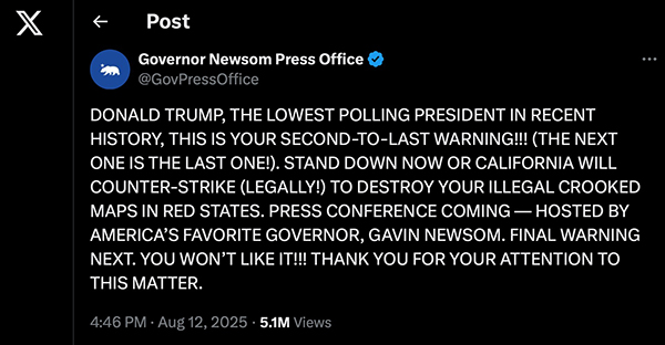 Newsom tweet on Aug. 12