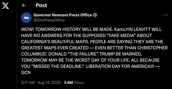 Newsom tweet on Aug. 14