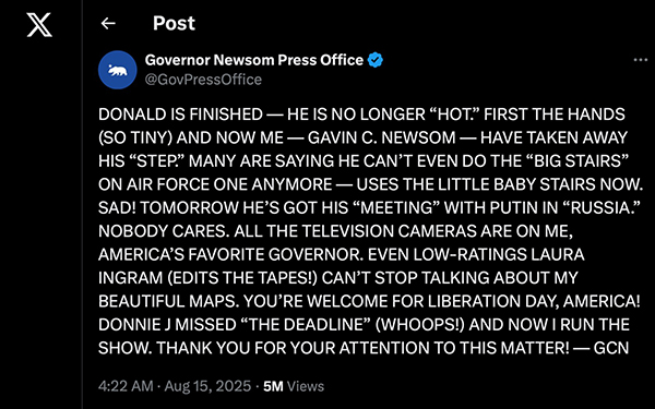 Newsom tweet on Aug. 15