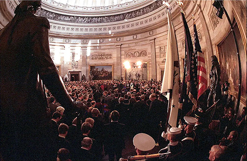 Rotunda during Ronald Reagan's second inauguration, the people are squeezed in like sardines