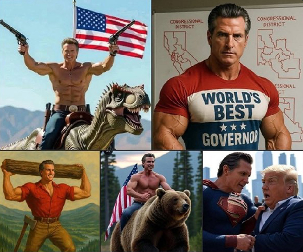 A bunch of images showing a very muscular Newsom