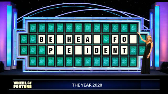 Wheel of Fortune
puzzle with the subject 'The Year 2028' and 'BE_HEA_ FO_ P_E_IDENT. In other words 'Beshear for President, 
just missing the S's and the R's