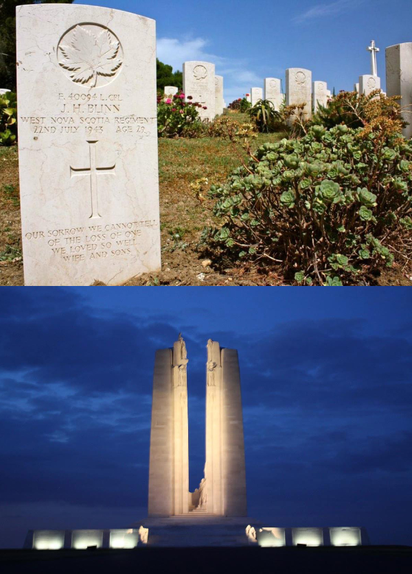 The top image shows the grave
of J.H. BLINN WEST NOVA SCOTIA REGIMENT 22ND JULY 1943 AGE 29; the bottom shows a memorial that looks like a white
tunnel with six big windows, and then at the center, two rock-like columns that look like stalagmites