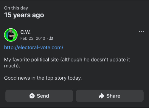 It is from 15 years ago and says:
'https://electoral-vote.com/. My favorite political site (although he doesn't update it much). Good news in the top story today.'