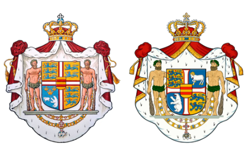 The old version has a shield
divided into four quadrants; the southwest quadrant has a bear and a ram; the northeast quadrant has two generic lions of the
sort that also appear in the other two quadrants. The new version has just the bear in the southwest quadrant (which means it is
much bigger) moving the ram to the northeast (which means it is much bigger, too)