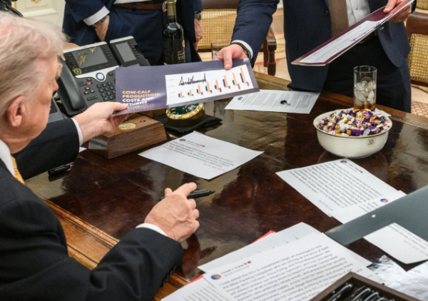 There are six or seven
printouts on the desk, and they're all Truth Social postings