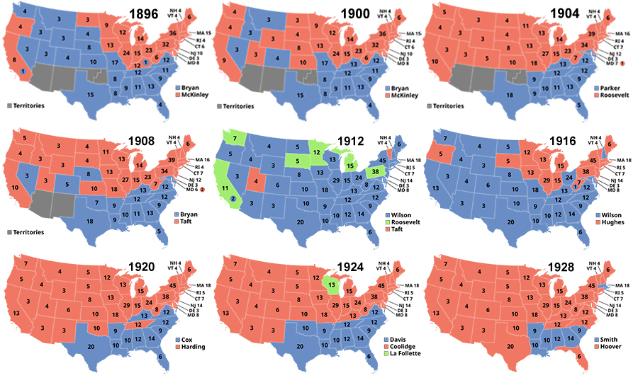 Presidential election maps from 1896 to 1928