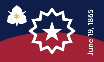 Top half dark blue, lower half red, center star surrounded
by some sort of starburst, the date June 19, 1865 along the right side, and LGBTQIA flag, but with a lilu in the upper-left corner.