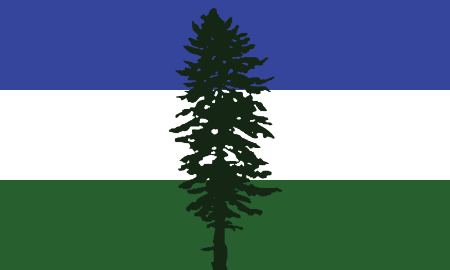 Blue, white and green
horizontal stripes with a pine tree silhouette overlaid