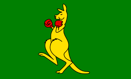 A green flag with a yellow
kangaroo wearing boxing gloves