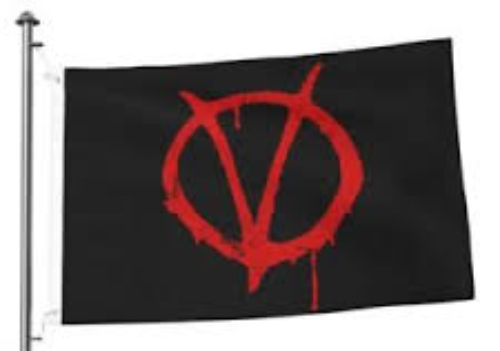 Black flag, one red
stripe running horizontally along the center, two stripes running vertically left of center, creating something like 
a H.