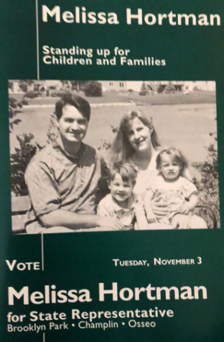 A picture of Melissa Hortman and
her family, with the tagline: 'Melissa Hortman, Standing up for Children and Families'