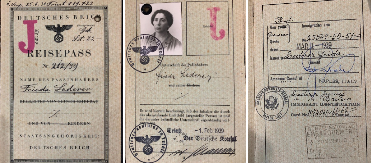 A passport stamped in 1939, with
a picture of the author's grandmother, a bunch of Nazi stamps and symbols, and a large, red 'J', and an American entry stamp
on the last page