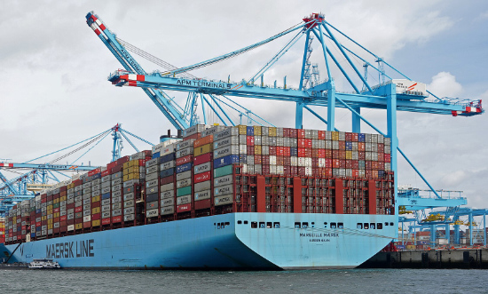 A blue Maersk container ship
with hundreds and hundreds of cargo containers on its deck, with more being loaded by cranes