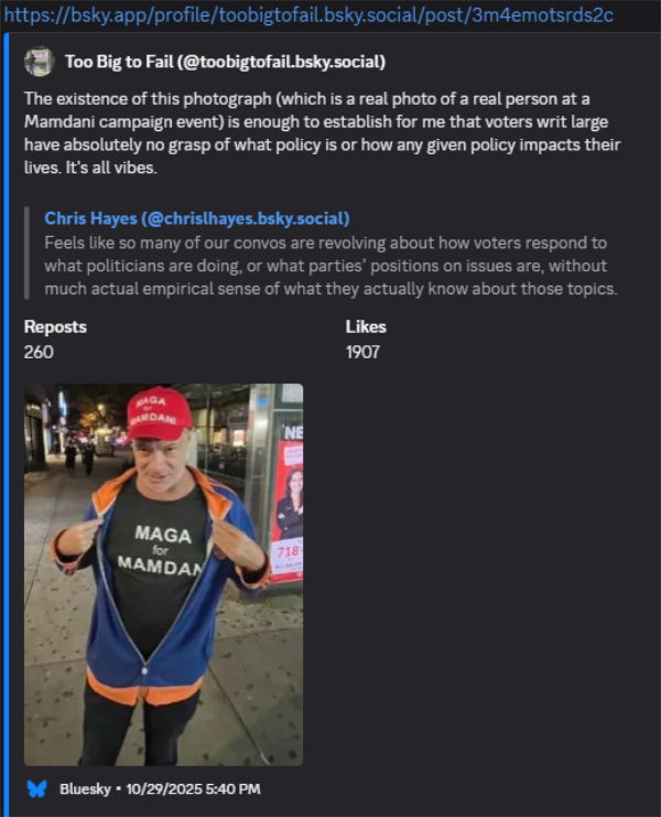 A tweet shows a guy
wearing a 'MAGA for Mamdani' shirt. The comment is 'The existence of this photograph (which is a real photo of a real
person at a Mamdani campaign event) is enough to establish for me that voters writ large have absolutely no grasp of
what policy is or how any given policy impacts their lives. It's all vibes.'