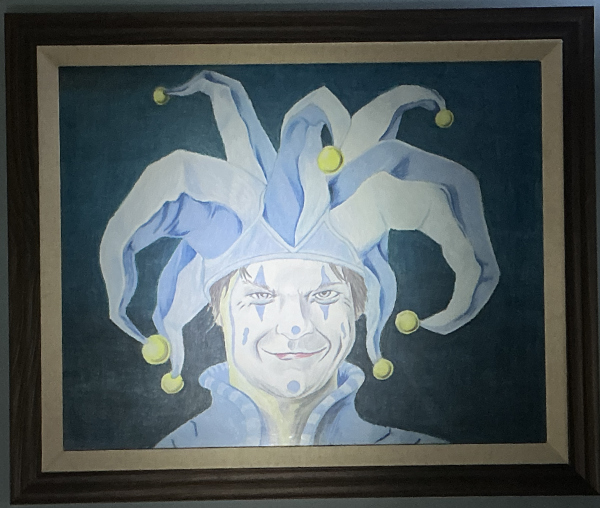 A painting of a jester-like figure