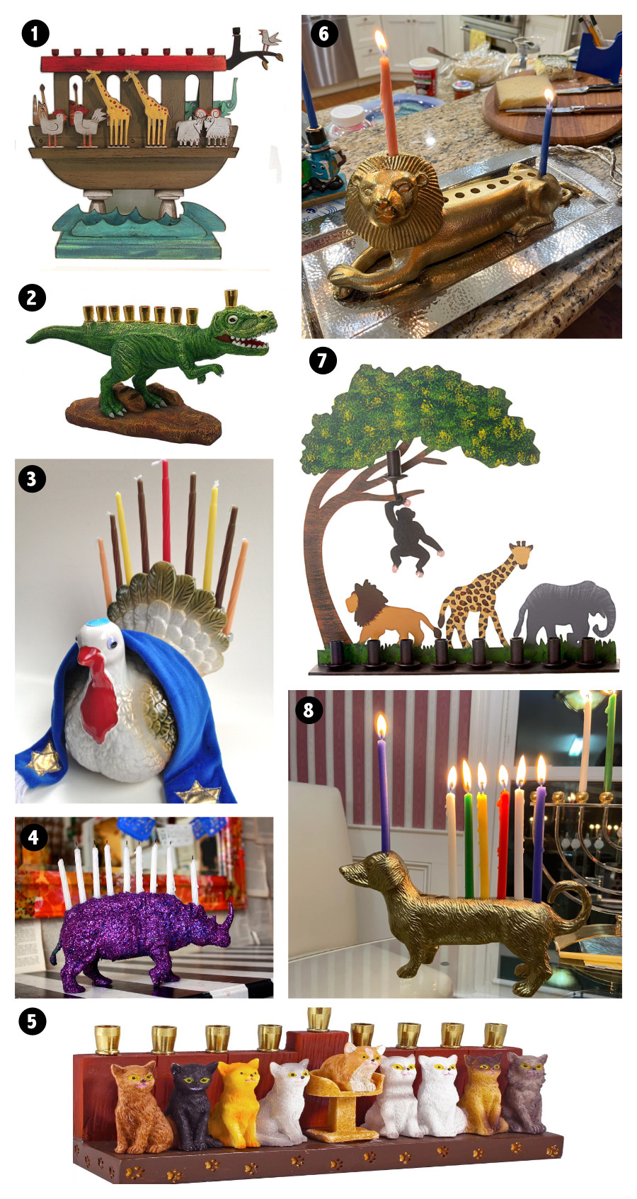 Number 1 is an ark with giraffes and
chickens, Number 2 is a dinosaur, Number 3 is a turkey with a rabbinic stole, Number 4 is a sparkly purple rhino, Number 5 is
a bunch of cats, Number 6 is a golden lion, Number 7 is a bunch of animals including an elephant and a monkey hanging from a tree,
Number 8 is a brass dachshund.