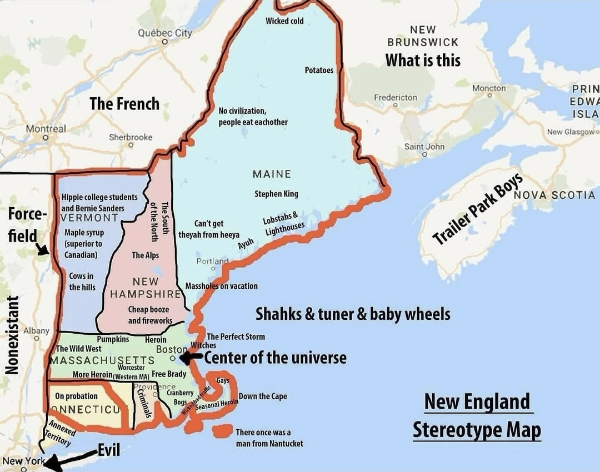 A map loaded with New England 
stereotypes, like New York doesn't exist, Nova Scotia is full of trailer park residents, Quebec is 'The French,' etc.
Boston is labeled 'The Center of the Universe.'