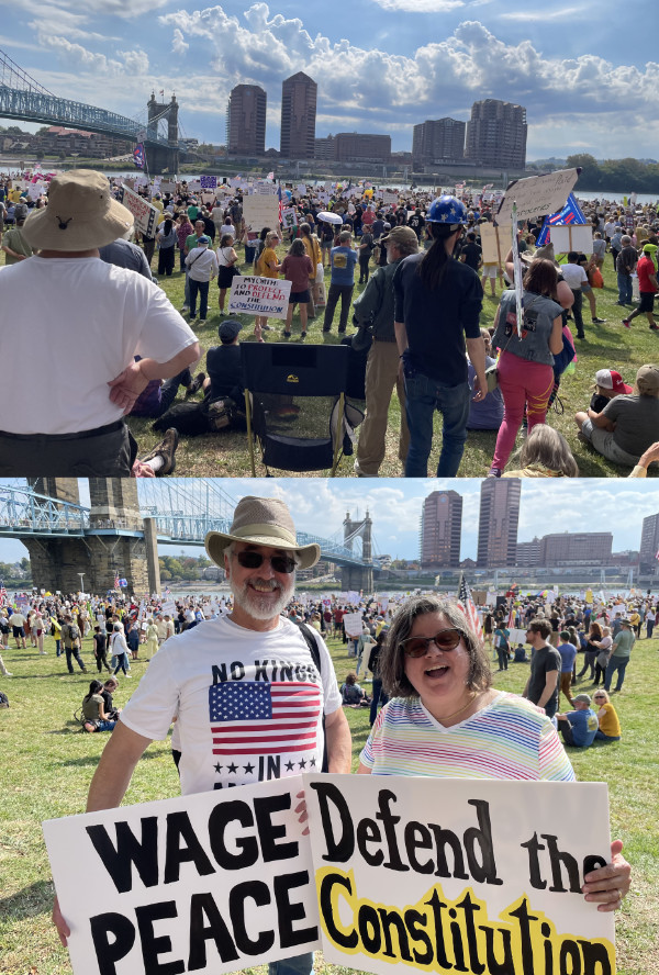 Both photos have a 
river (undoubtedly the Ohio River) and a bridge in the background; one shows a large crowd, and the other shows E.S. 
and her husband holding signs that say 'Wage Peace' and 'Defend the Constitution.'