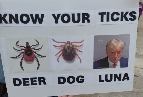 The sign says 'Know your ticks'
and it lists 'deer' with a picture of a deer tick, 'dog' with a picture of a dog tick, and 'luna' with a picture of Trump